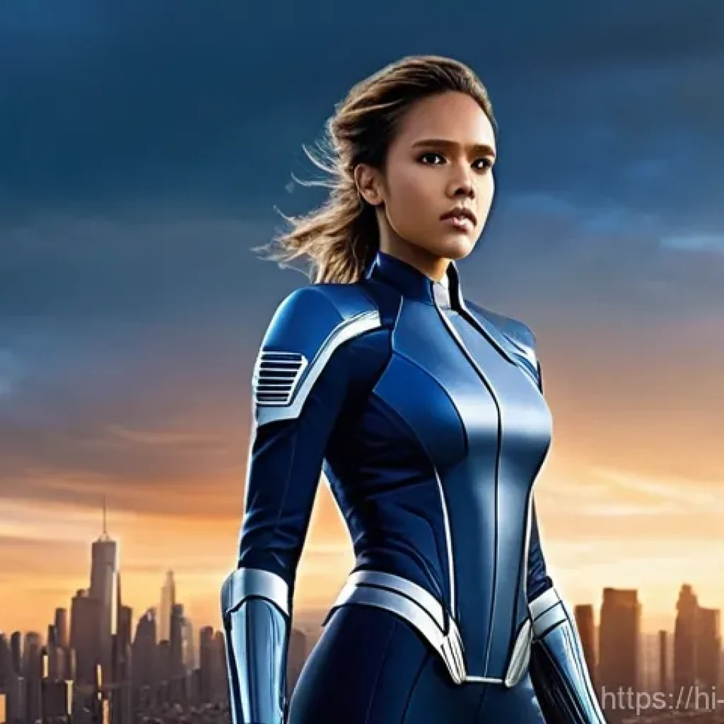 Jessica Alba의 영화와 사업 활동 - **Prompt 1: Jessica Alba as the Empowered Superheroine**
A full-body shot of Jessica Alba, depic...
