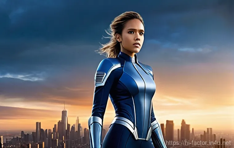 Jessica Alba의 영화와 사업 활동 - **Prompt 1: Jessica Alba as the Empowered Superheroine**
    A full-body shot of Jessica Alba, depic...
