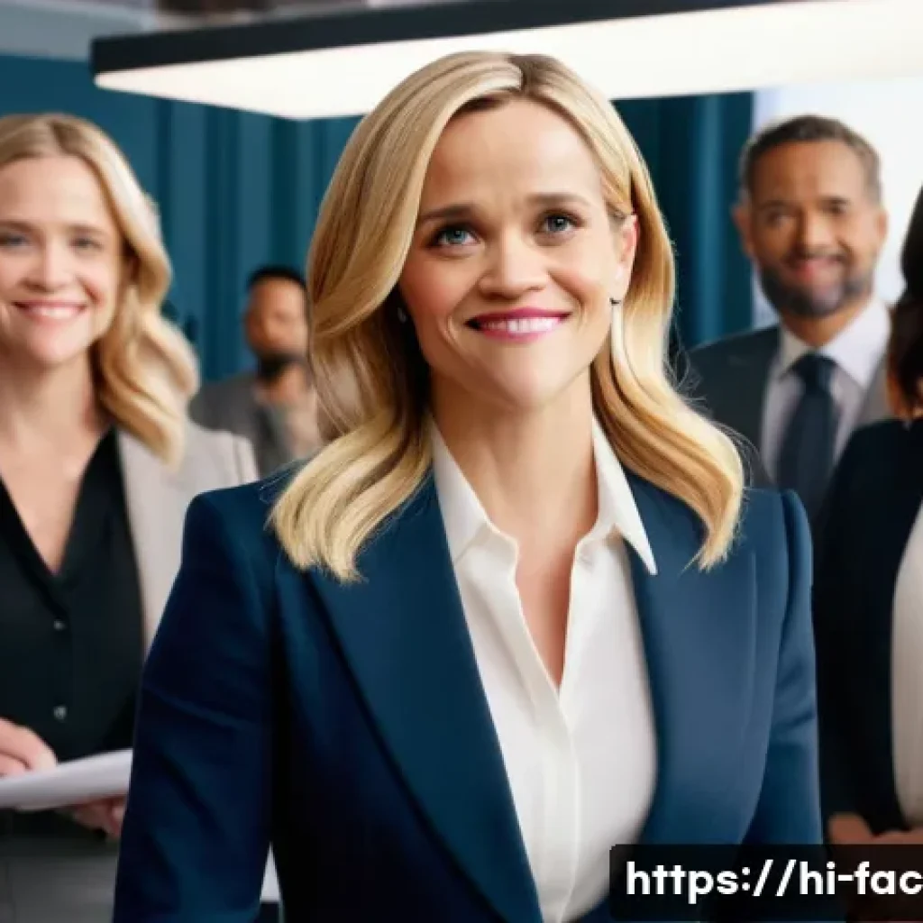 Reese Witherspoon의 제작자로서의 성공 - A determined and inspiring Reese Witherspoon, dressed in a stylish, modern business suit, stands con...