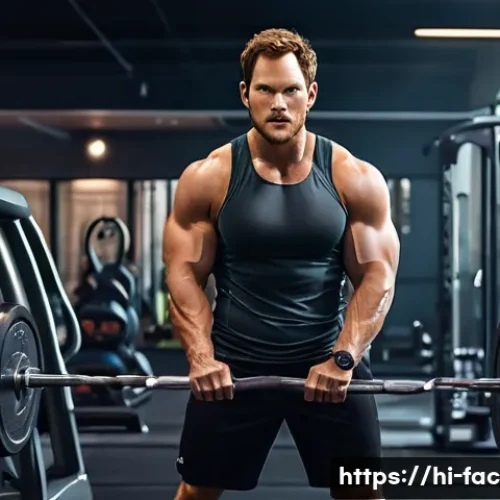 Chris Pratt의 마블 영화 준비 과정 - A disciplined fitness training scene showing a male actor resembling Chris Pratt in a modern gym set...