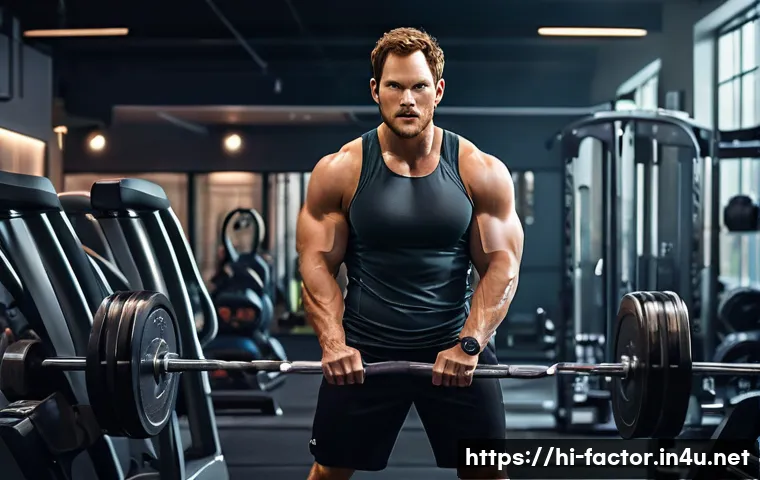 Chris Pratt의 마블 영화 준비 과정 - A disciplined fitness training scene showing a male actor resembling Chris Pratt in a modern gym set...